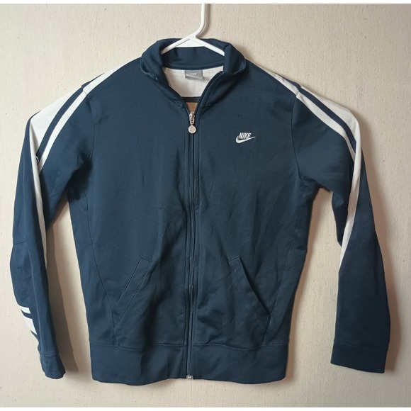 Nike Jackets & Blazers - Vintage Nike Track Jacket Full Zip Athletic White Stripe Blue Womens  L(12-14) M
